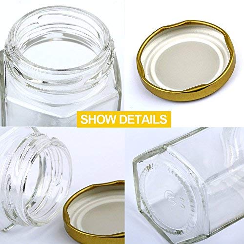 25Pack1.5oz Honey Jars,Mini Honey Jars With Dipper,Hexagon Glass Jar with Gold Lids,Glass Jar with Labels for Gifts,Wedding Favors,baby Favors and DIY Ideas