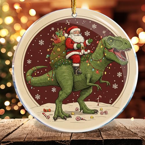 Santa Ride Dinosaur 4 Acrylic Christmas Ornament – Funny Gag Gift 3.6 in