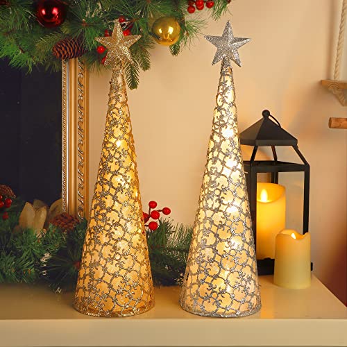 Lighted Christmas Tabletop Centerpieces - Set of 2 Gold & Silver LED Ornaments