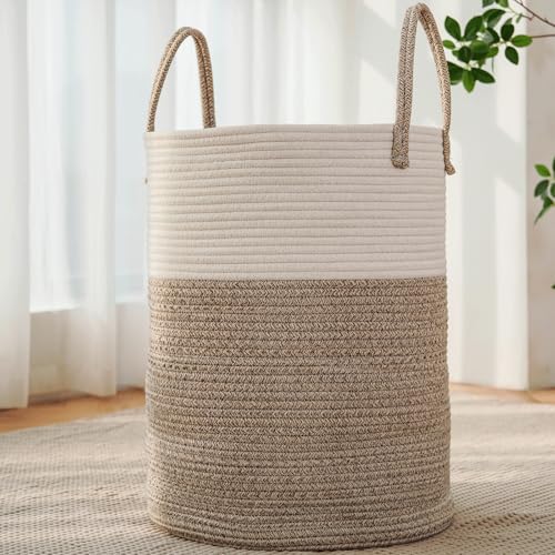JMvicyroam 60L Cotton Rope Laundry Basket & Blanket Hamper in Brown