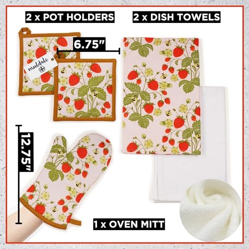 5-Piece Strawberry Kitchen Towel, Oven Mitt, and Pot Holder Set
