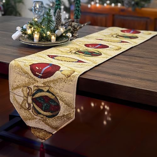 DaDa Bedding 13" x 72" Table Runner - Festive Red Gold Beige Tassels Cotton Linen