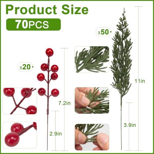 Lovemoon 70 Pcs Artificial Pine Branches Red Berry Stems Christmas Greenery