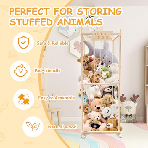 Wooden Stuffed Animal Storage Zoo with Wheels - Large Toy Organizer Cage
