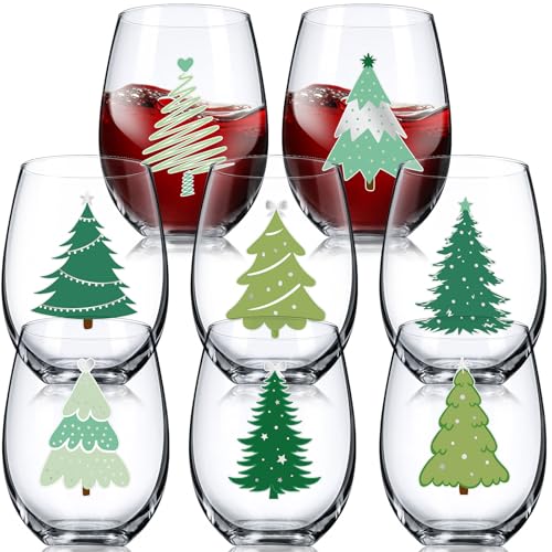 Umigy 8 Pcs Xmas Tree Stemless Wine Glasses 15 oz Green Silver Xmas Theme