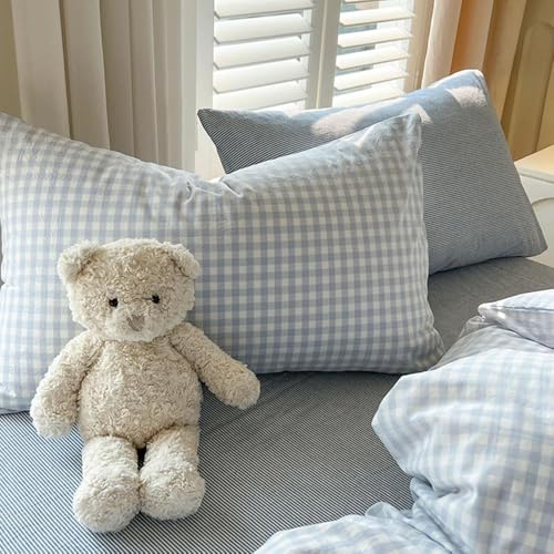 Blue Gingham Duvet Cover Set - Queen Soft Washed Microfiber Bedding