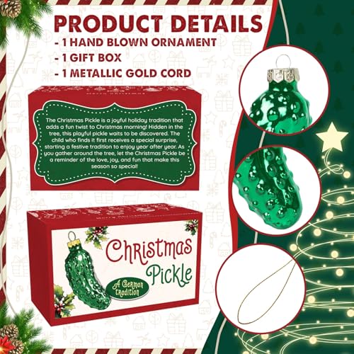 KYCENTA Large German Pickle Ornament - Blown Glass Christmas Pickle for Tree