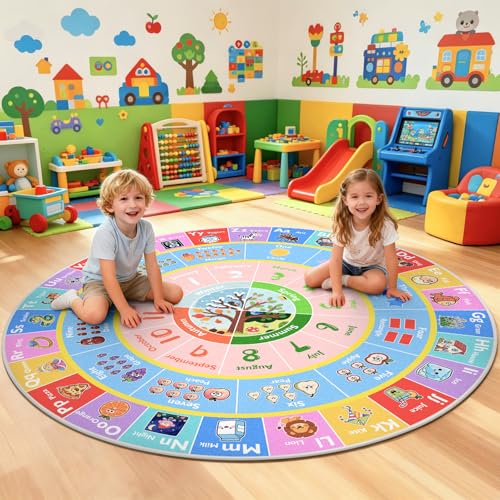 4ft Round Educational Kids Rug, Alphabet and Number Playroom Carpet