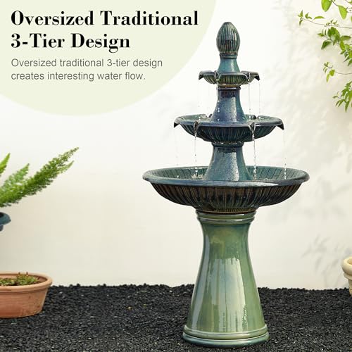 Turquoise 3-Tier Ceramic Outdoor Fountain with LED Lights - Garden Waterfall