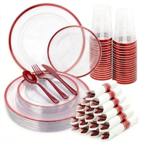 Cheerserve Red Plastic Dinnerware Set 175pcs for 25 Guests - Clear & Elegant
