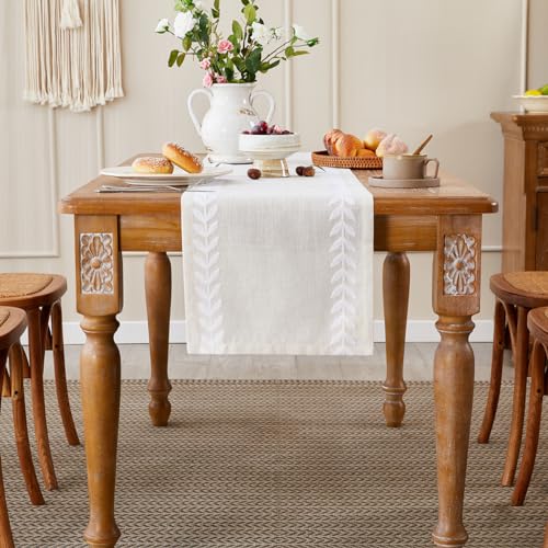 Wracra Embroidered Table Runner 14x36 Inch White/Cream Linen & Polyester