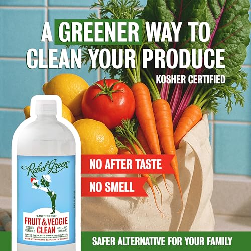Rebel Green Fruit & Veggie Clean ? Plant-Based Produce Cleaner?Natural Fruit and Vegetable Wash with No Aftertaste ? Chemical & Wax Removal ? Made with Organic Extracts of Citrus ? Half Gallon