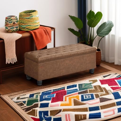 SONGMICS Storage Ottoman Bench 46.5 Inches with Solid Wood Legs, Tufted Upholstered Seat, Multi-Use Furniture