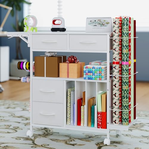 Rolling Wrapping Paper Storage Cart with Foldable Table and Drawers