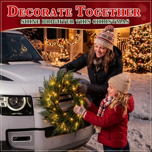 CraftyDream Norfolk Pine 13-Inch Christmas Car Wreath with Lights - Holiday Vehicle Decor
