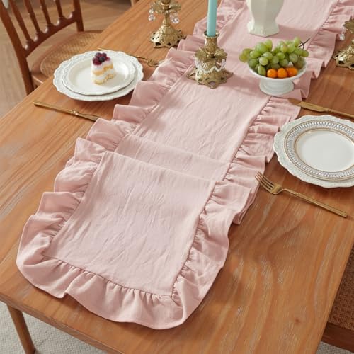 14 x 72 Pink Ruffled Table Runner – 100% Cotton, Scalloped Edge, Washable
