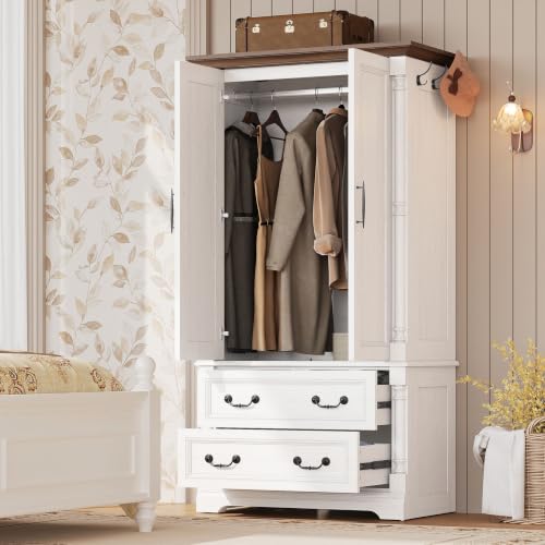 70-Inch Farmhouse Wardrobe Armoire with 2 Drawers and Hanging Rod, White