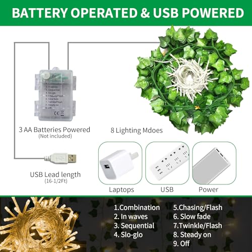 Artificial Ivy Vines with LED String Lights - 12 Pack 84ft Hanging Decor