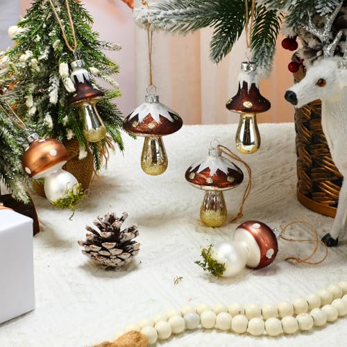 Vercraft Rustic Glass Mushroom Christmas Ornaments - Set of 6 for Holiday Decor