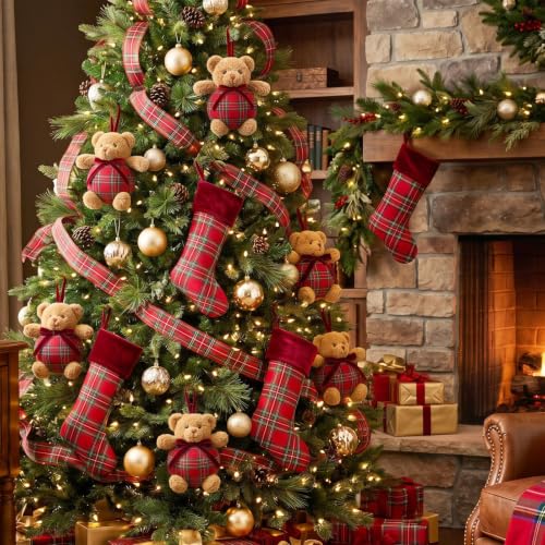 Resholder 16 Pack Christmas Plaid Bear Ornaments - 4in Red Plush Bears