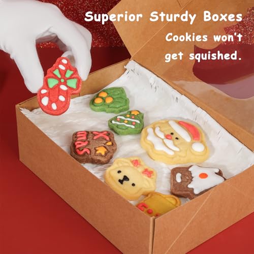 YEKTFS 12-Pack Christmas Cookie Tins with Window, 8.25x6x2.75 in Large Brown Gift Boxes with Lids - Cardboard