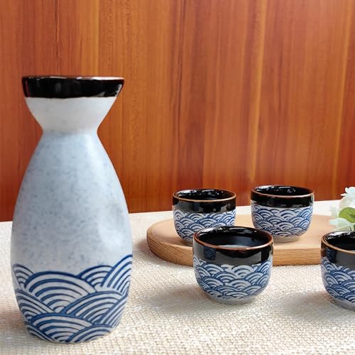 Japanese Porcelain Sake Set – 1 Bottle & 4 Cups with Blue Wave Pattern, KeQiu