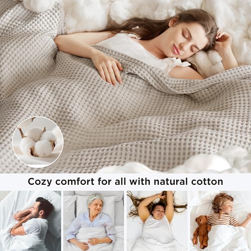 Bedsure 100% Cotton Waffle Blanket - Queen Size (90"x90"), Linen