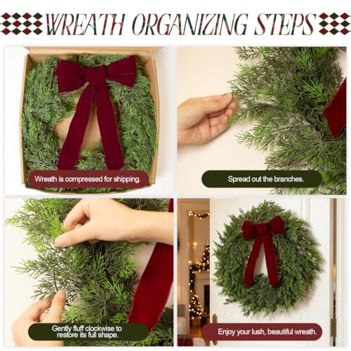 DN Deconation 22in Christmas Wreath with Green Foliage & Burgundy Velvet Bow — Front Door