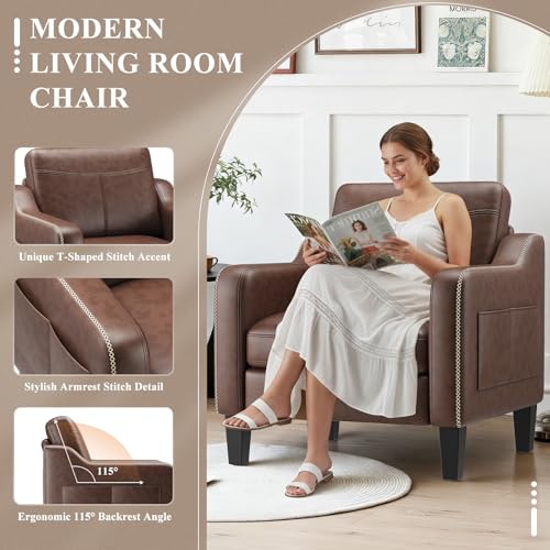 Mid-Century Modern PU Leather Accent Chair with Solid Wood Frame