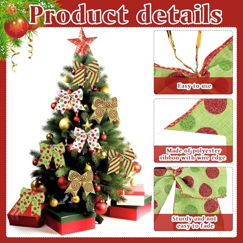 16 Pcs Red Green Christmas Bow Decorations, Glitter Polka Xmas Wreath Bows - Style B