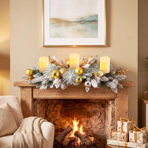 Hotop 27-Inch Christmas Candle Holder Centerpiece with Gold & Silver Balls, Snow-Flocked Pine Branches, and 3 Metal Candleholders - Holiday Table Decor