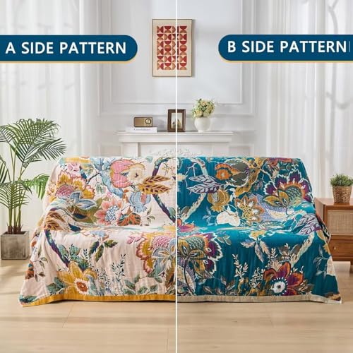 Boho Cotton Muslin Throw Blanket, Reversible Woven Farmhouse Bedspread 50x60