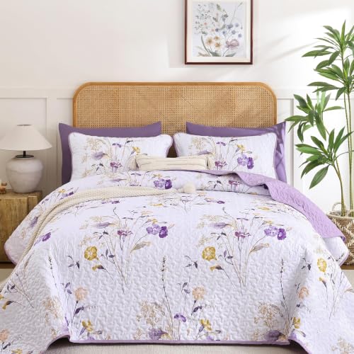 Light Purple Floral Quilt Set Queen - 3 Piece Reversible Bedspread with Shams