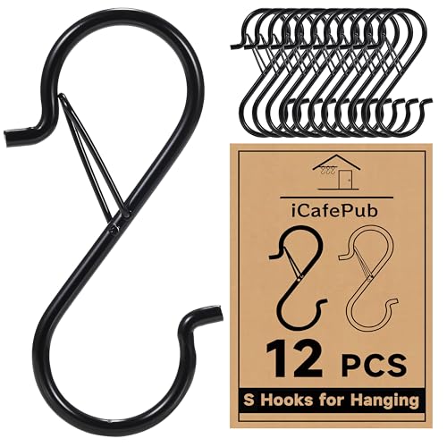 12-Pack 3.5-Inch Heavy Duty S Hooks with Safety Buckle - Black Metal Hangers