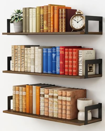 3-Pack 24-Inch Floating Wall Shelves, Rustic Solid Wood Bookshelf Set