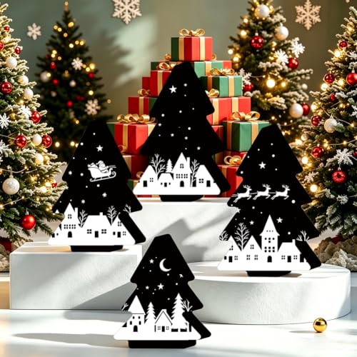 PRESSINART 4Pcs Wooden Christmas Tree Ornaments Set – 4 Sizes, Black & White