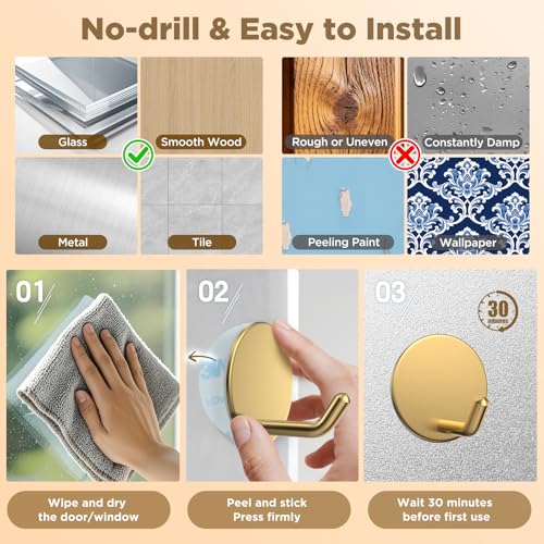 Heavy-Duty Adhesive Wreath Hanger 2-Pack - Front Door Metal Hook, Gold