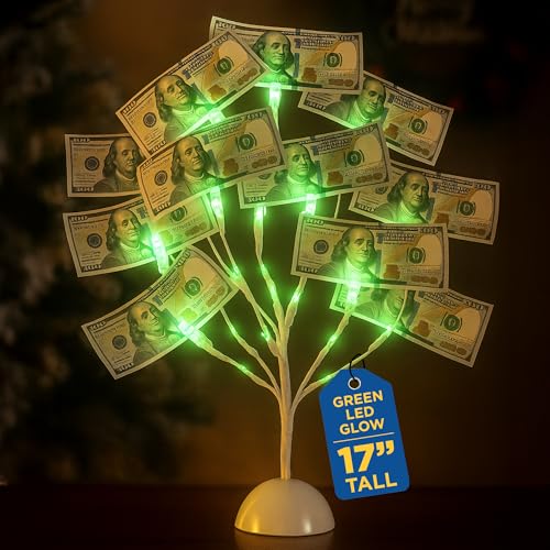 17-Inch LED Money Tree Gift Card Holder with 10 Clips, White Tabletop Stand