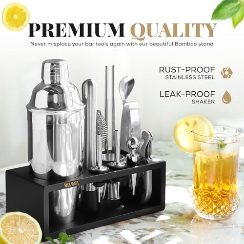 MixMate 15-Piece Cocktail Bar Set with Stand - Silver & Black Home Mixology Kit