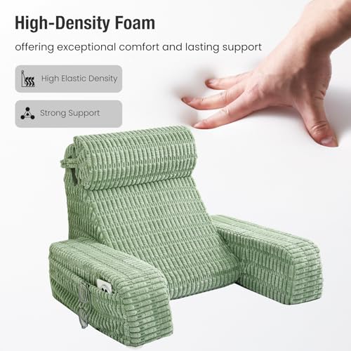 Ergonomic Reading Pillow with Large Pockets – 19" Backrest Cushion for Bed Sitting, Nursing, and Relaxing – Sage Green