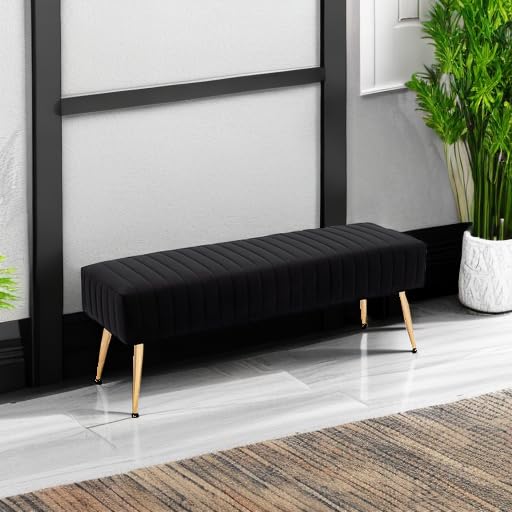 44-Inch Black Velvet Upholstered Ottoman Bench with Gold Metal Legs
