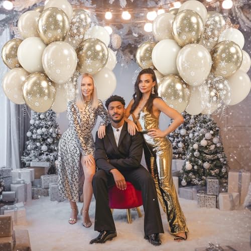 Jobkoo Beige Gold Snowflake Balloon Set Winter Wonderland Party Decorations