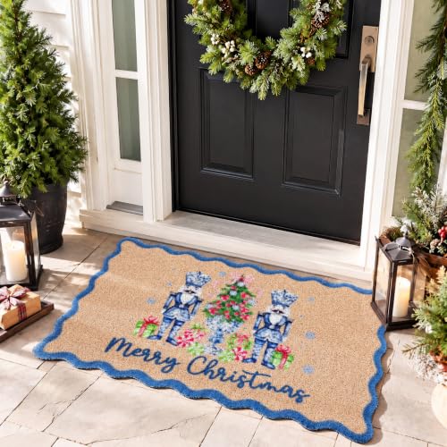 Breling Nutcracker Christmas Doormat Blue Scalloped Holiday Entry Rug