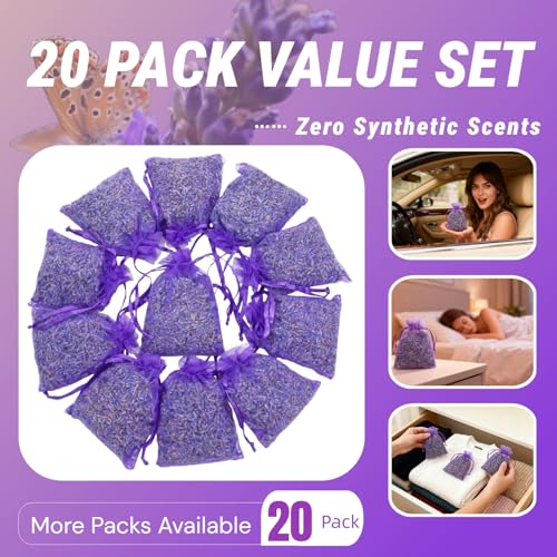 Dried French Lavender Sachets, 20 Pack - Natural Closet & Drawer Freshener