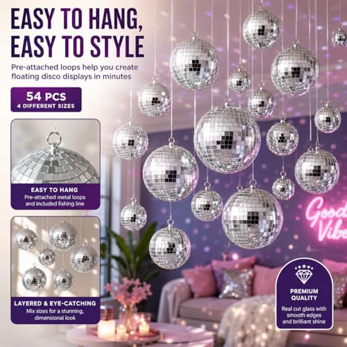 Youdepot Mini Silver Disco Balls 54-Piece Pack (1.2 - 3.1 in) – All-in-One Size Variety Kit