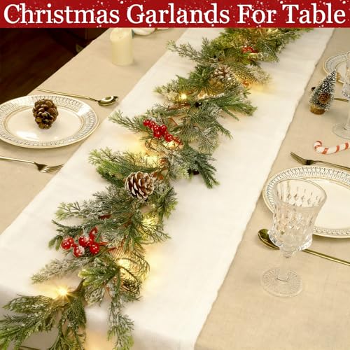 TURNMEON 6FT Flocked Cedar Garland with Lights Timer Prelit Christmas Decor