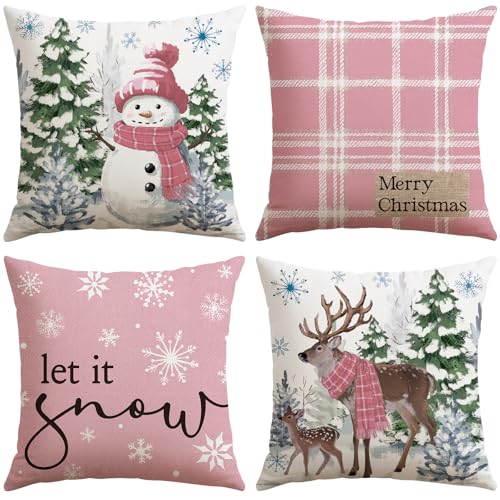 Artscope Christmas Throw Pillow Covers 18x18 Inch Set of 4, Pink Scottish Plaid Snowman Reindeer