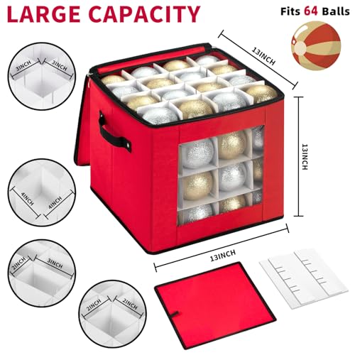 Christmas Ornament Storage Box Holds 64 Holiday Decorations Red with Adjustable Dividers