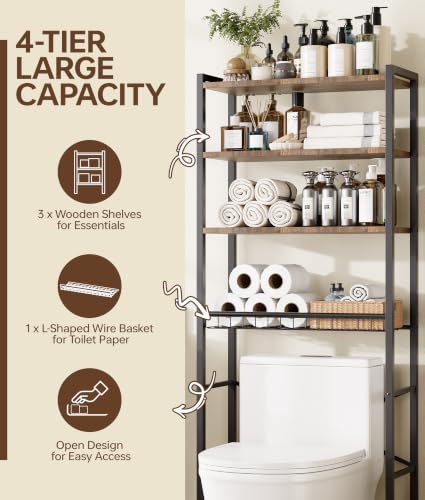 4-Tier Over-the-Toilet Storage Rack with Wooden Shelves & Net Basket