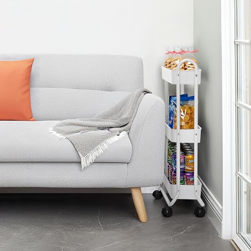 Slim 3-Tier Rolling Storage Cart - Narrow Steel Utility Organizer, White
